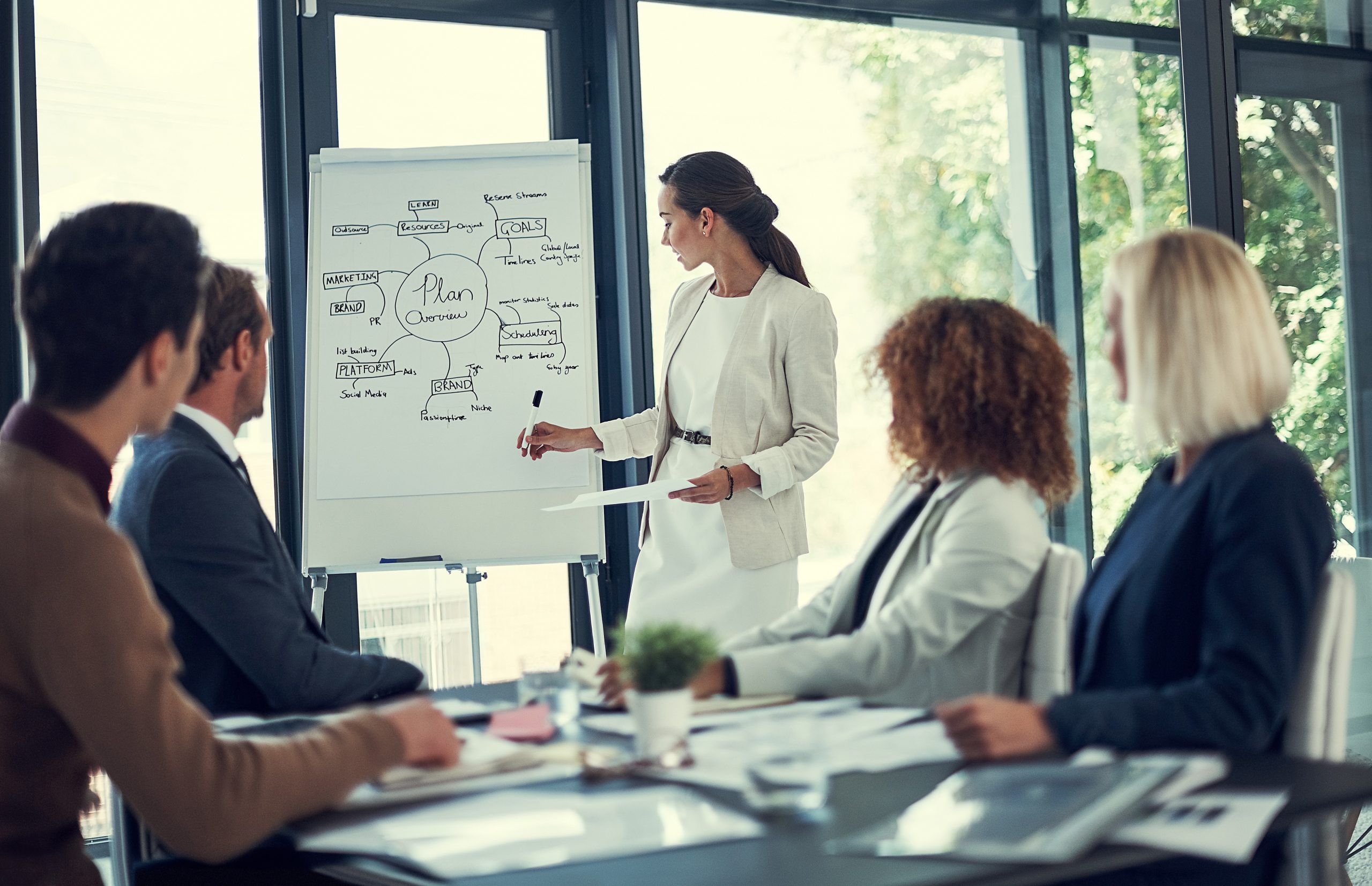 Speaker, coaching or businesswoman by whiteboard for presentation, education or staff training. Paperwork, report or manager with mind map for team planning, finance workshop or skills development.